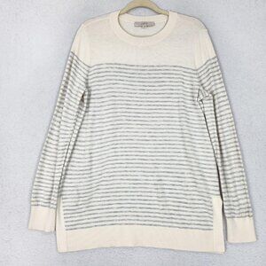 LOFT Sweater Womens Large Cream Gray Striped Crewneck Lightweight Knit Pullover
